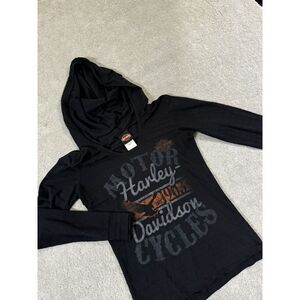 Harley Davidson Women's Black Scoop Neck Sheer Striped Hooded Shirt SZ L